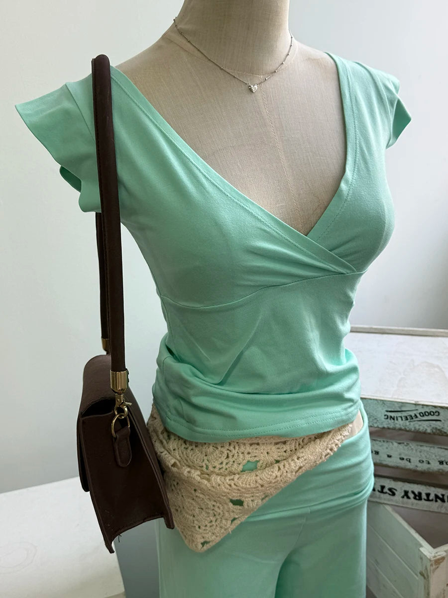 Cross V-Neck Crop Top & Pants Set