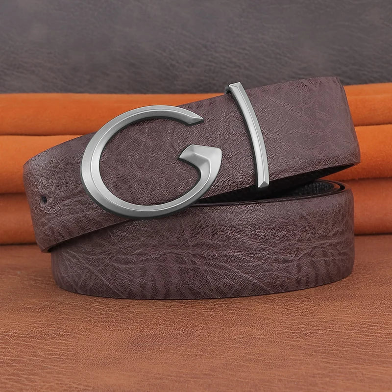 Men's Coffee Leather Belt with Smooth Buckle