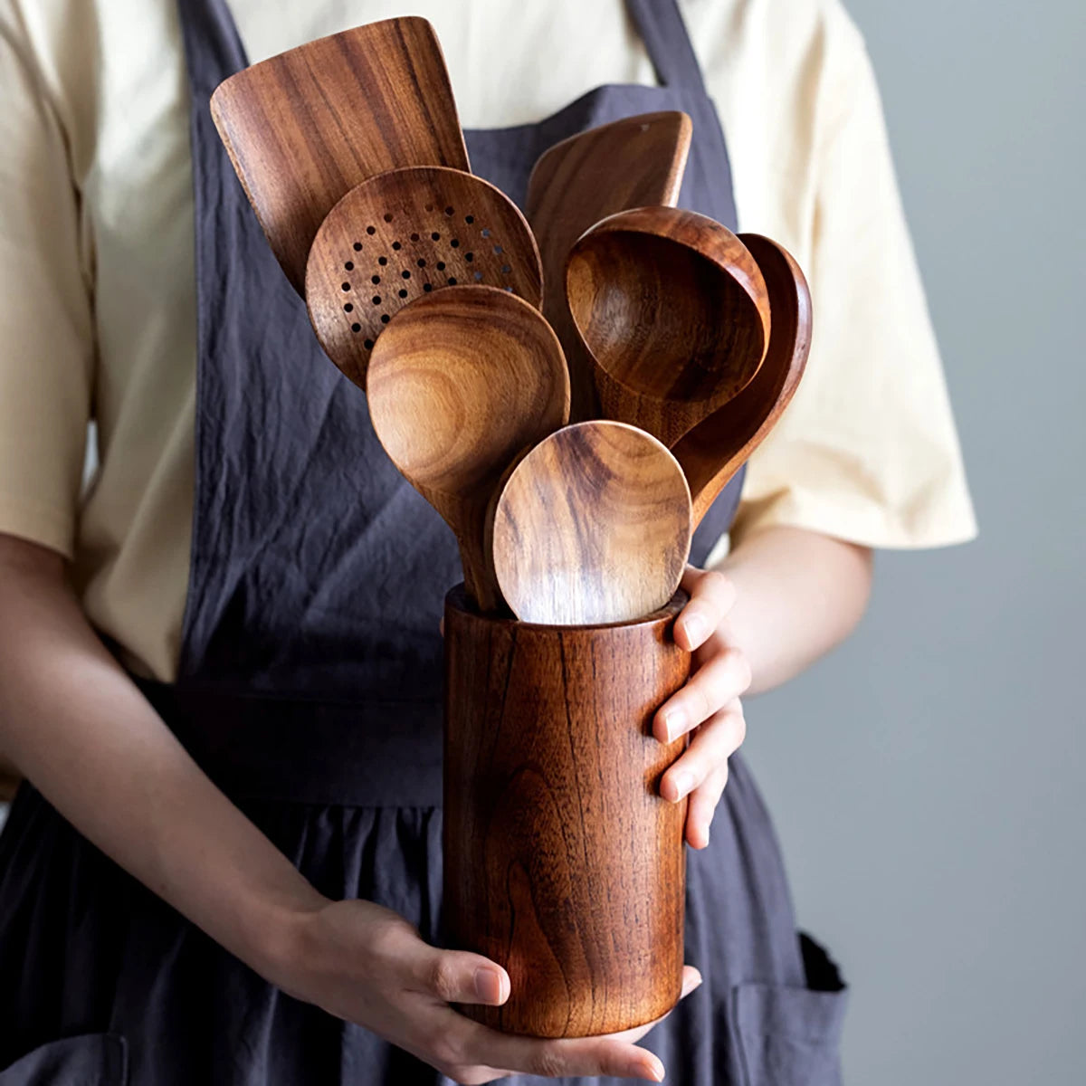 Wooden Cooking Utensil Set with Holder