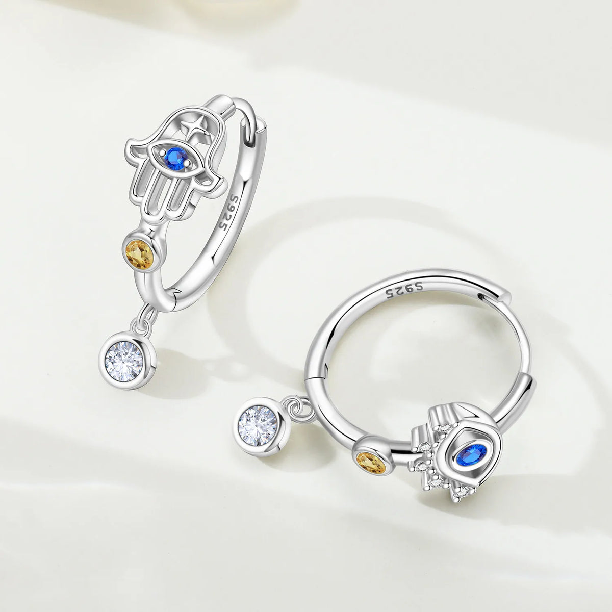 925 Silver Evil Eye Hamsa Drop Earrings