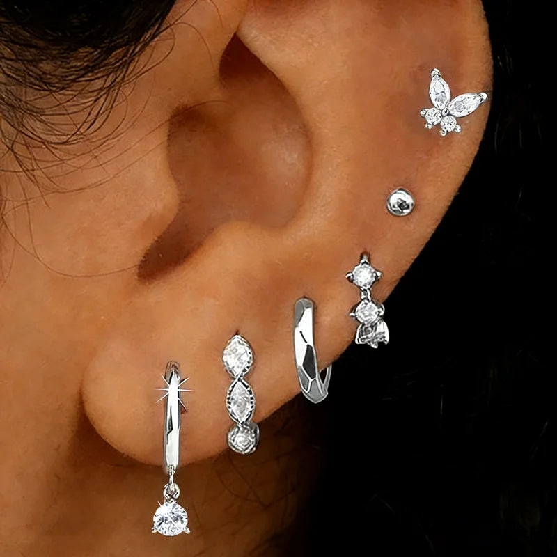 Crystal Huggie & Butterfly Earrings – 6 Pcs
