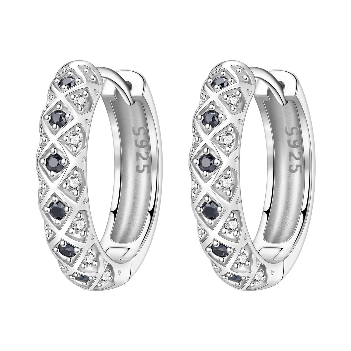 925 Silver Black & White Checkered Hoops