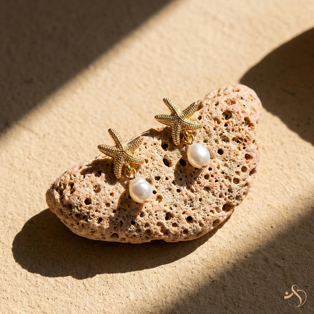 Gold Starfish & Shell Pearl Earrings