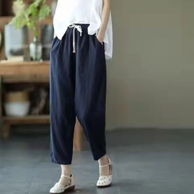 Cotton Linen Lace-Up Ankle Pants