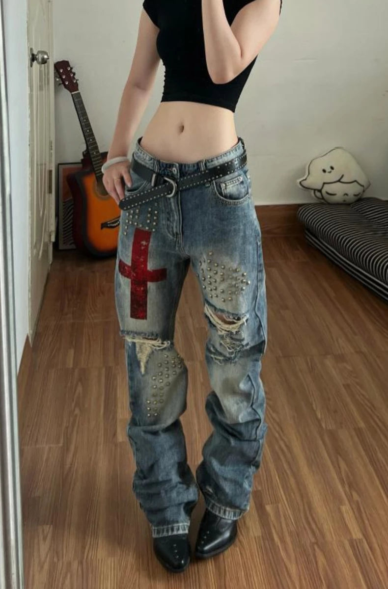 Butterfly Embroidered Low-Rise Flare Jeans
