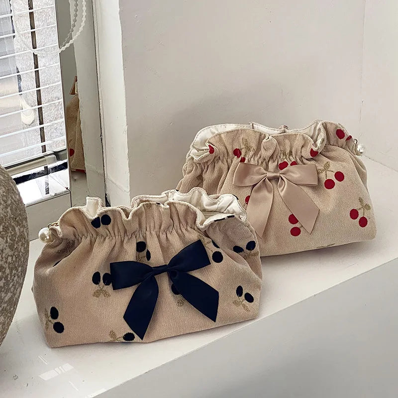 Cherry Print Corduroy Makeup Bag