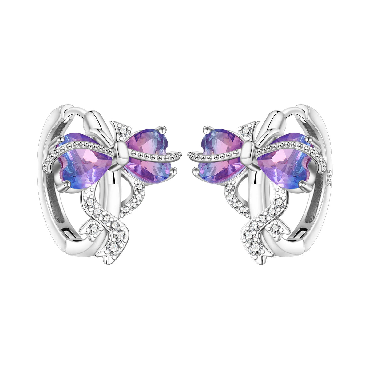 925 Silver Vine Heart Black Zircon Hoops