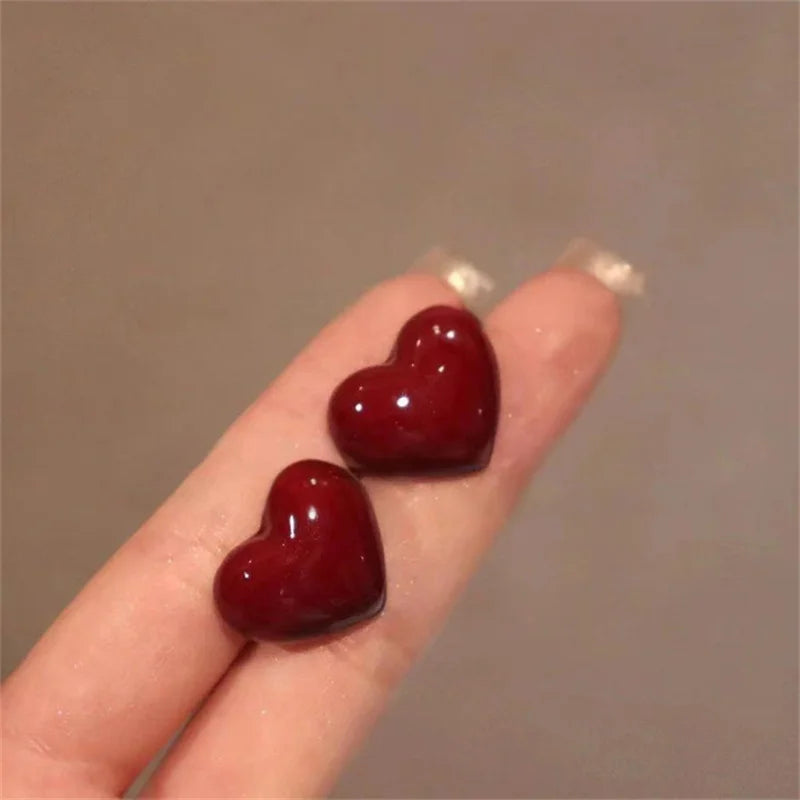 Wine Red Enamel Heart Studs
