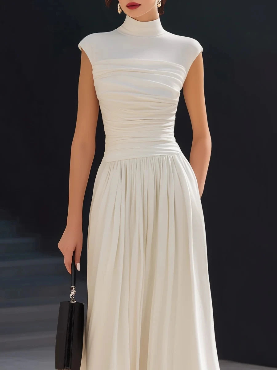 High Collar Pleated A-Line Dress