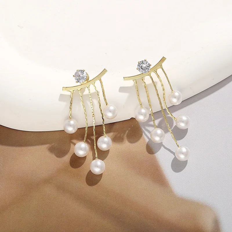 Zircon Pearl Tassel Earrings