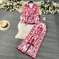 Vintage Print Shirt & Wide-Leg Pants Set