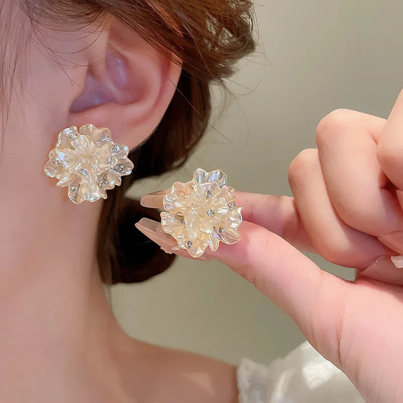White Camellia Flower Stud Earrings