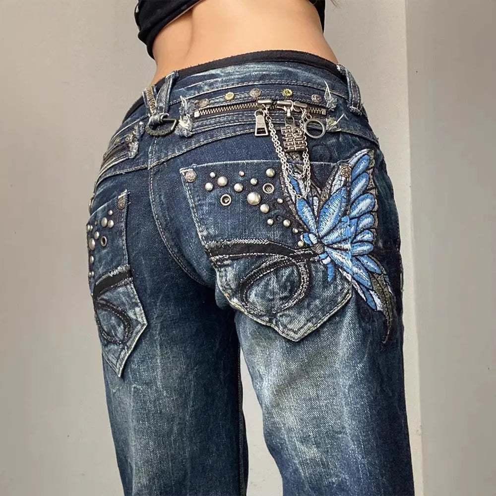 Butterfly Embroidered Low-Rise Flare Jeans
