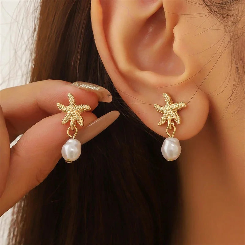 Gold Starfish & Shell Pearl Earrings