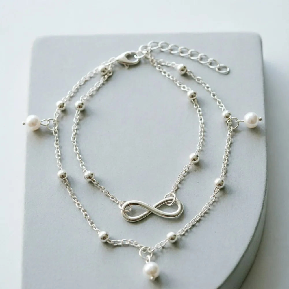 Pearl Heart Infinity Anklet Set
