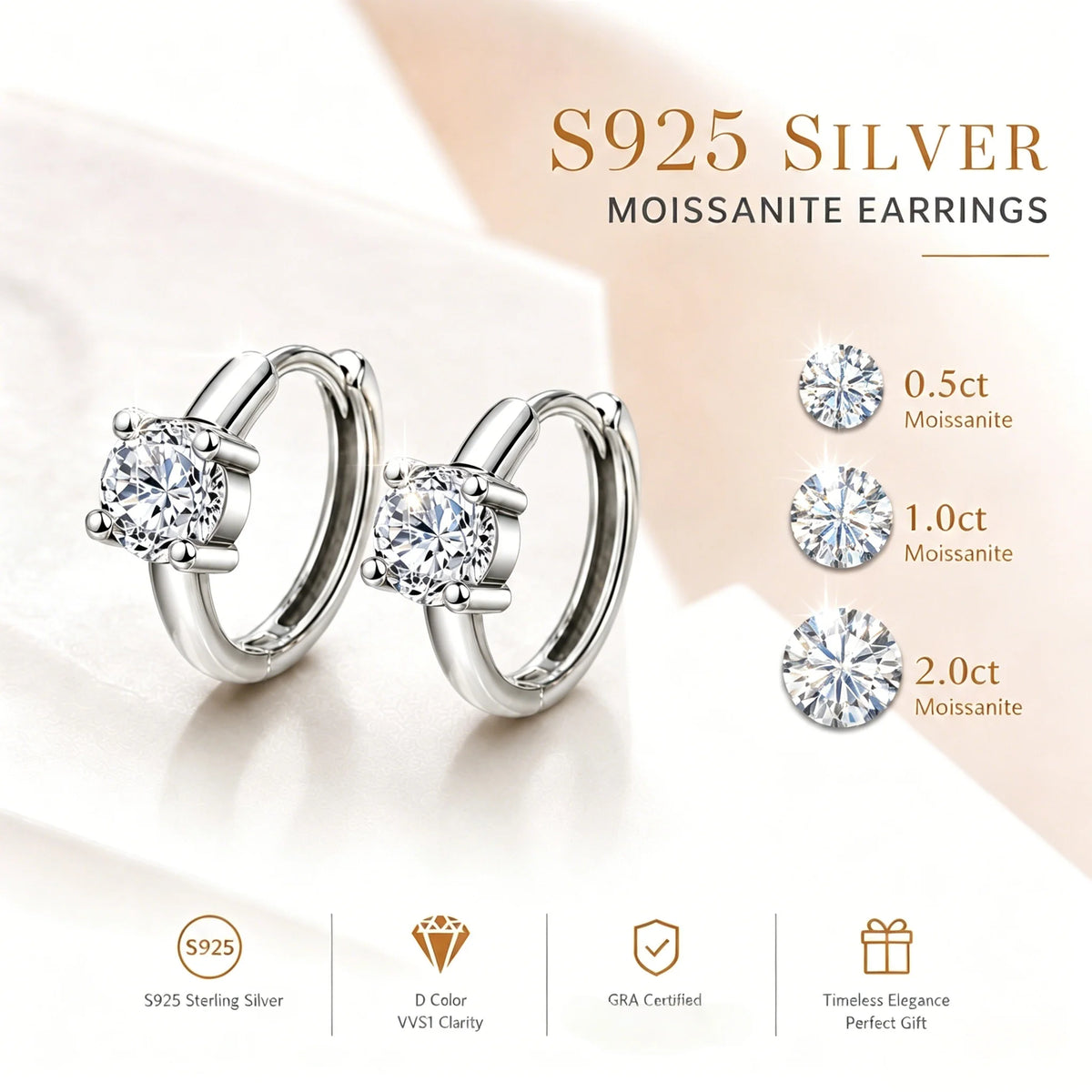 Moissanite Earrings – 18K Plated 925 Silver