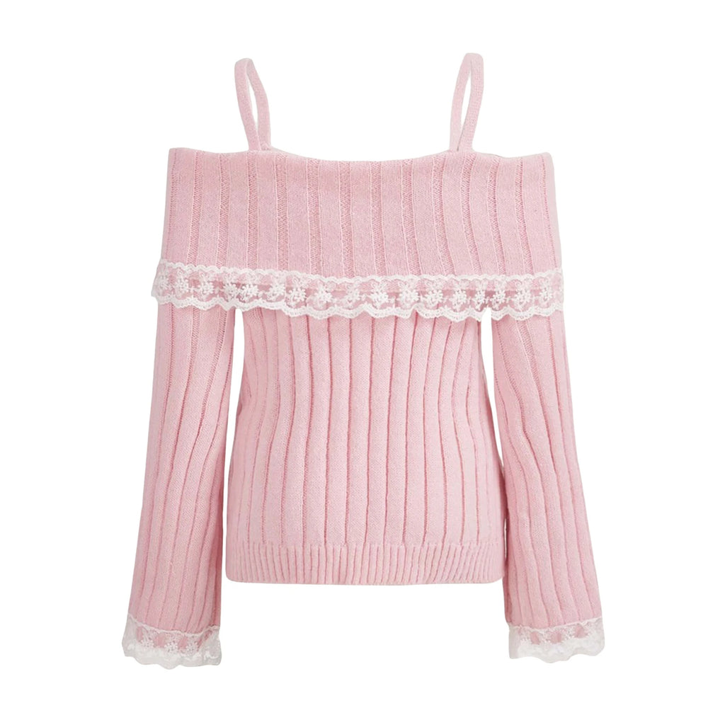Off-Shoulder Bow Lace Knit Sweater