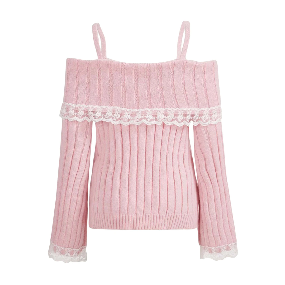 Off-Shoulder Bow Lace Knit Sweater