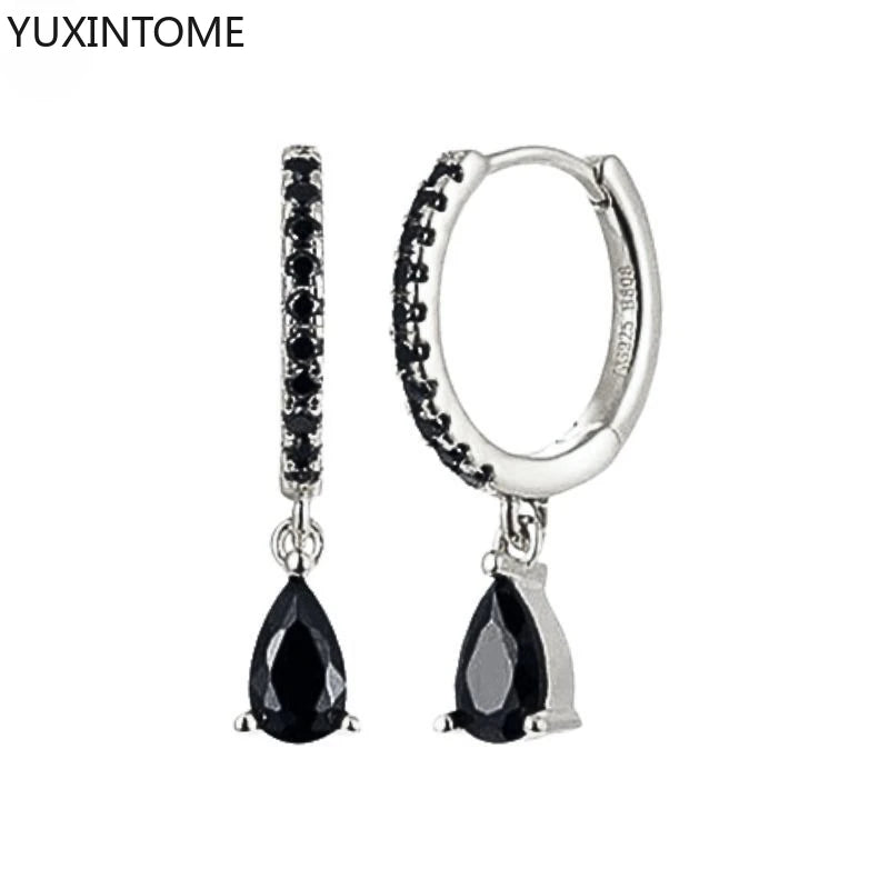 925 Silver Black Zircon Charm Hoops