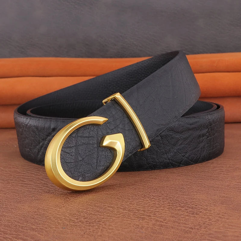 Men's Coffee Leather Belt with Smooth Buckle
