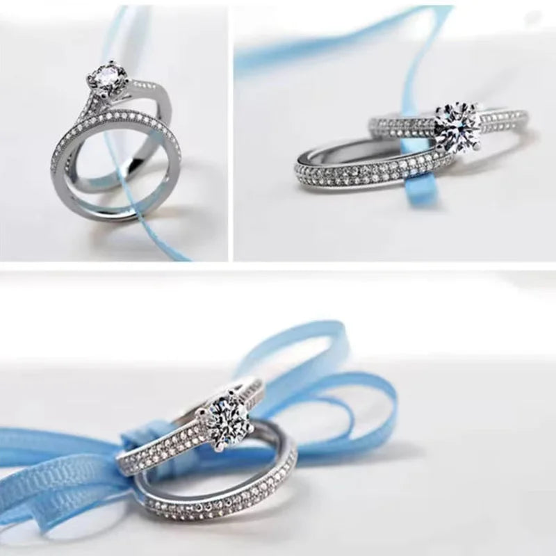 💍 Vintage Halo 925 Sterling Silver Wedding Ring Set