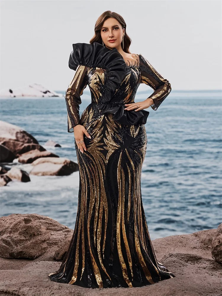 Ruffled Sequin Long Sleeve Mermaid Gown (Plus Size)