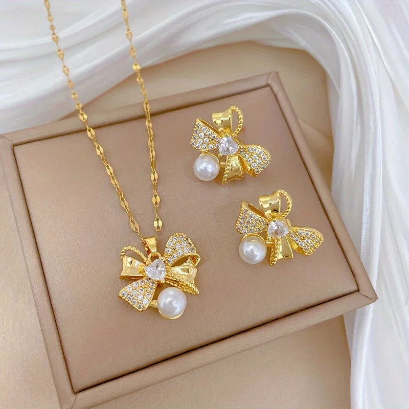 🤍 Pearl Bow Necklace Earring Set