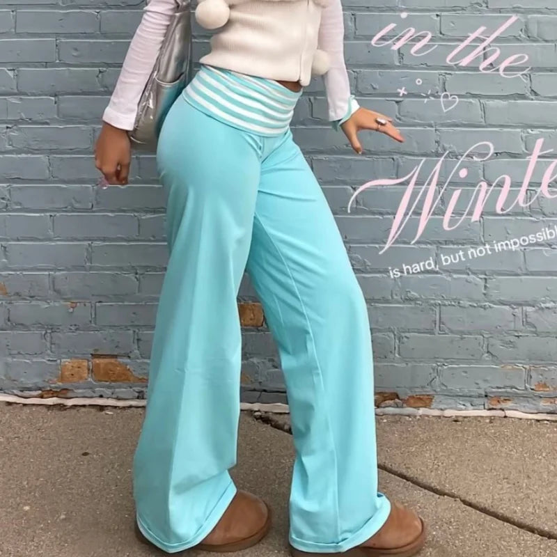 Striped Fold-Over Straight Sweatpants