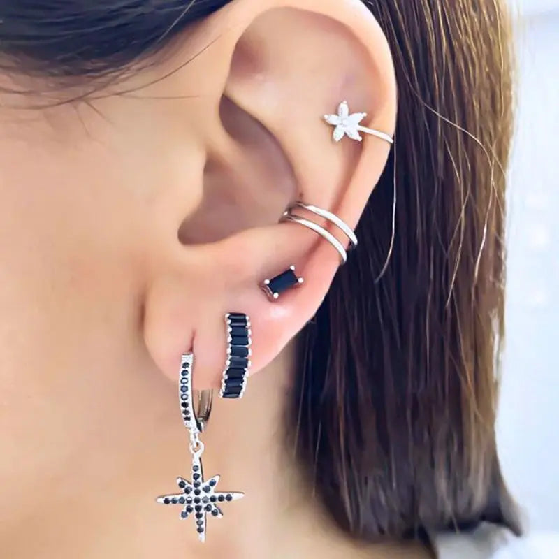 925 Silver Black Zircon Charm Hoops