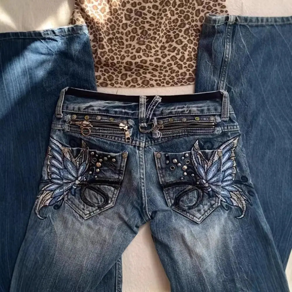Butterfly Embroidered Low-Rise Flare Jeans