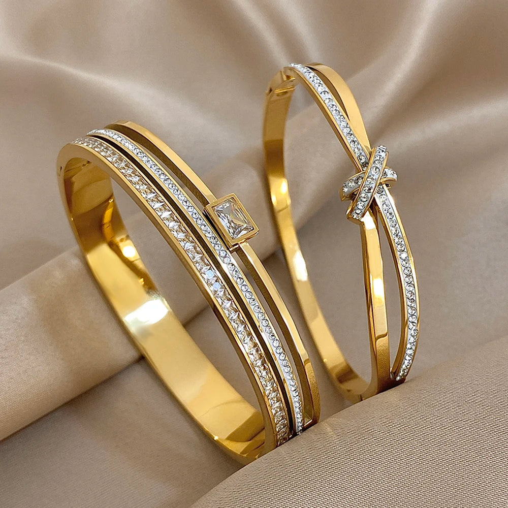 💫 Luxury Stainless Steel Rhinestone Cuff Bracelet Set