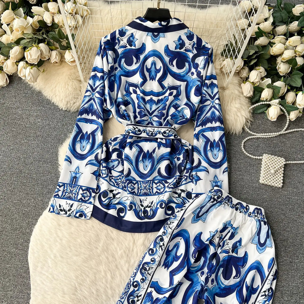 Vintage Print Shirt & Wide-Leg Pants Set