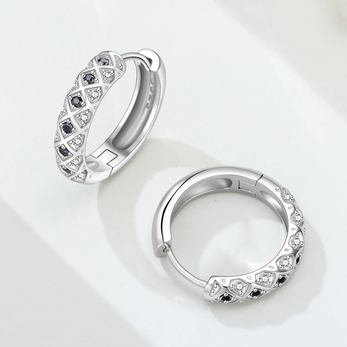 925 Silver Black & White Checkered Hoops