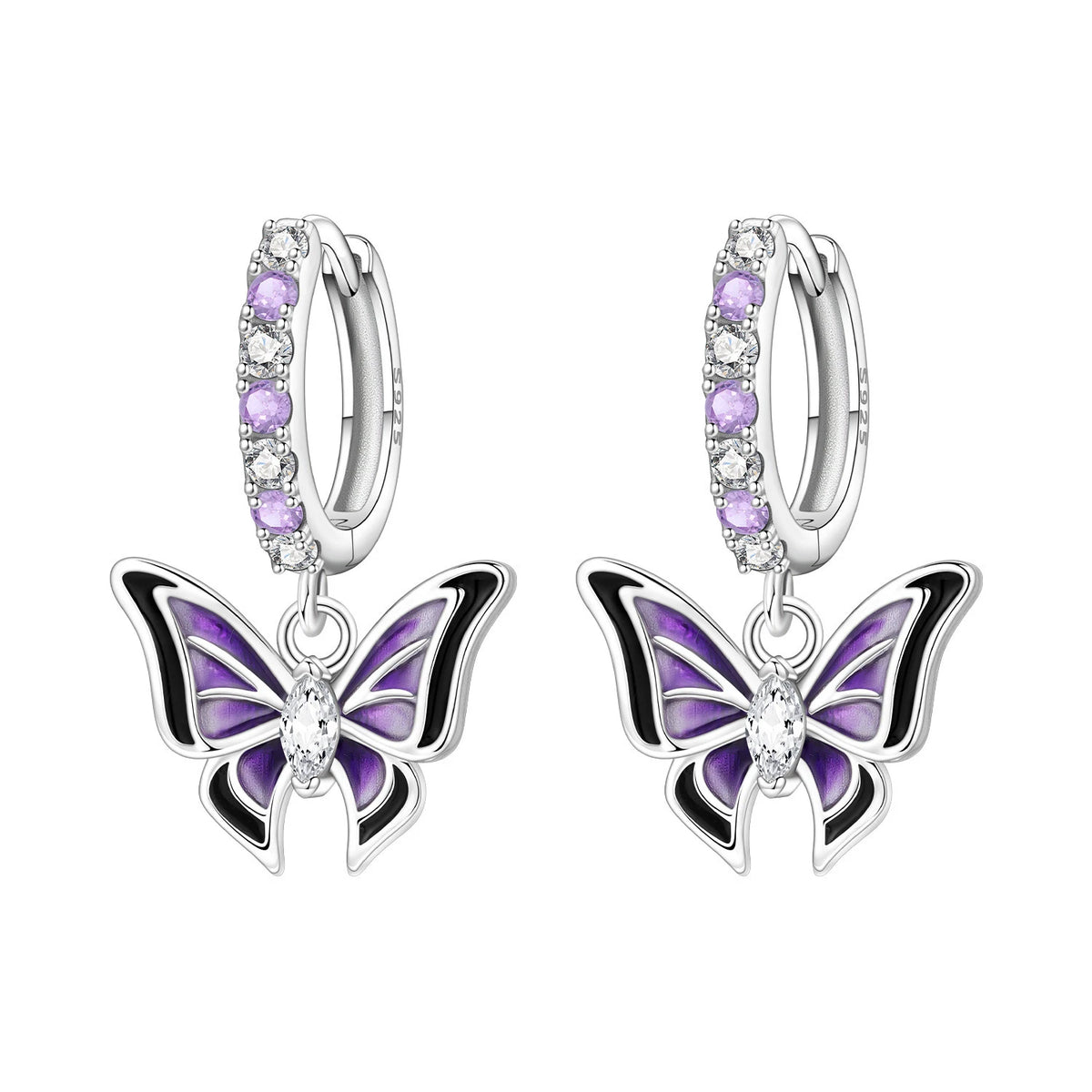 925 Silver Purple Butterfly Drop Earrings