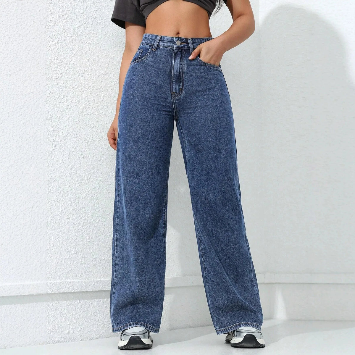 Blue Loose Floor-Length Jeans