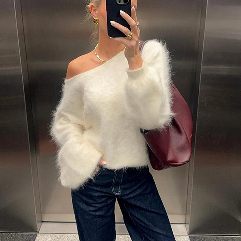 Fuzzy Off-Shoulder Knit Sweater