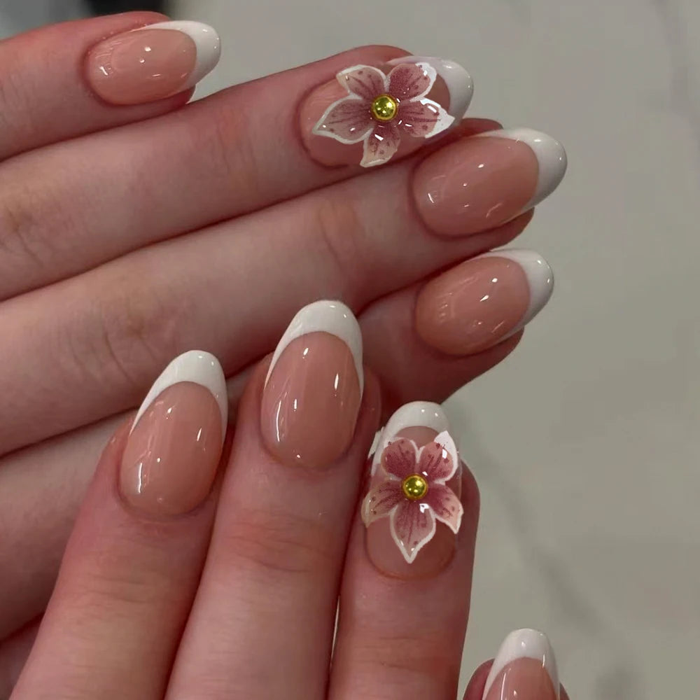 24-Piece 3D Pearl Flower Press-On Nails