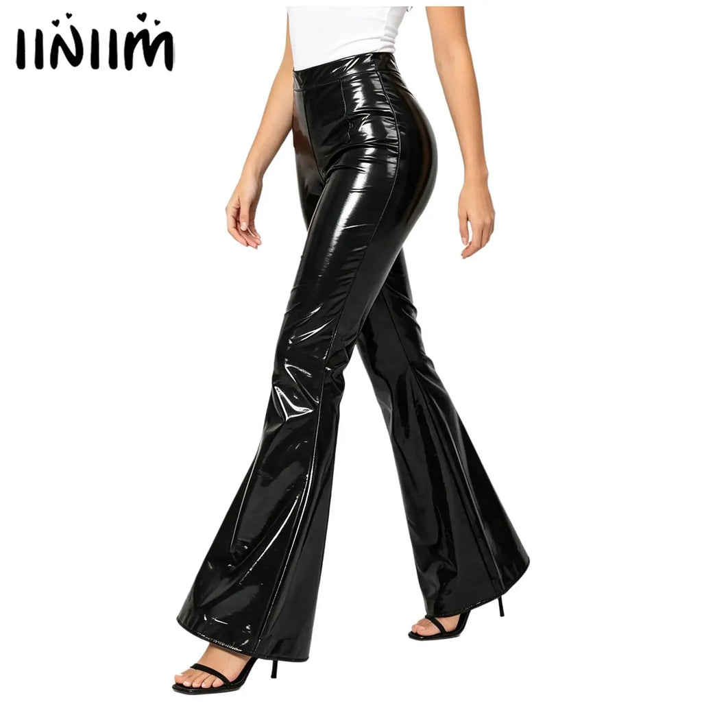 Glossy Faux Leather Flare Pants