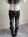 Pleated Button Distressed Slim Jeans
