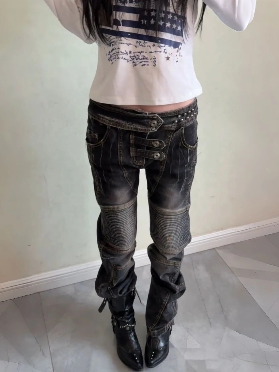 Pleated Button Distressed Slim Jeans