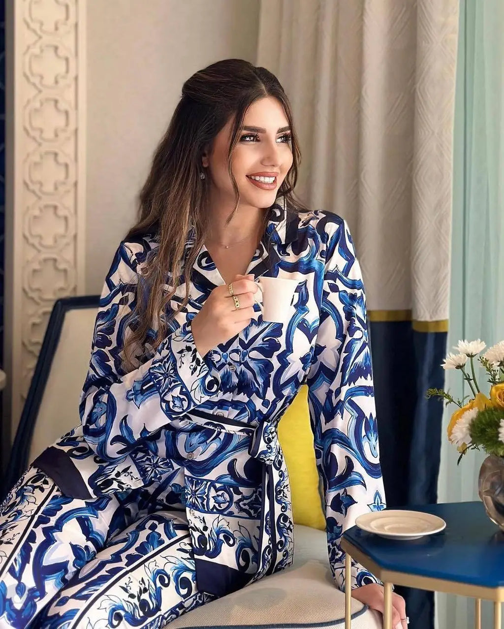 Vintage Print Shirt & Wide-Leg Pants Set