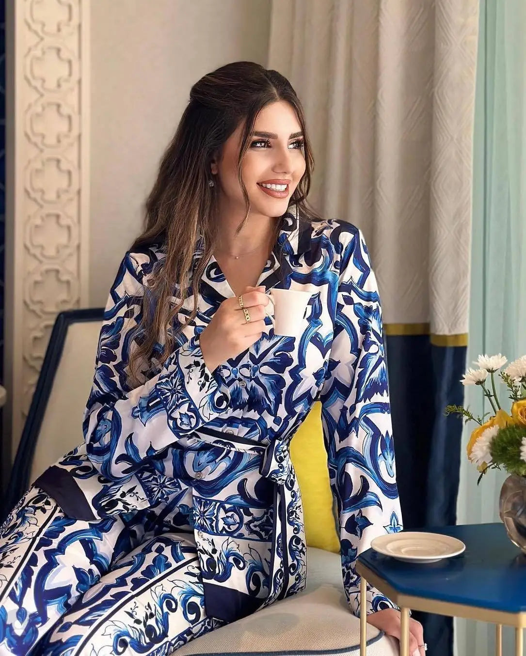 Vintage Print Shirt & Wide-Leg Pants Set