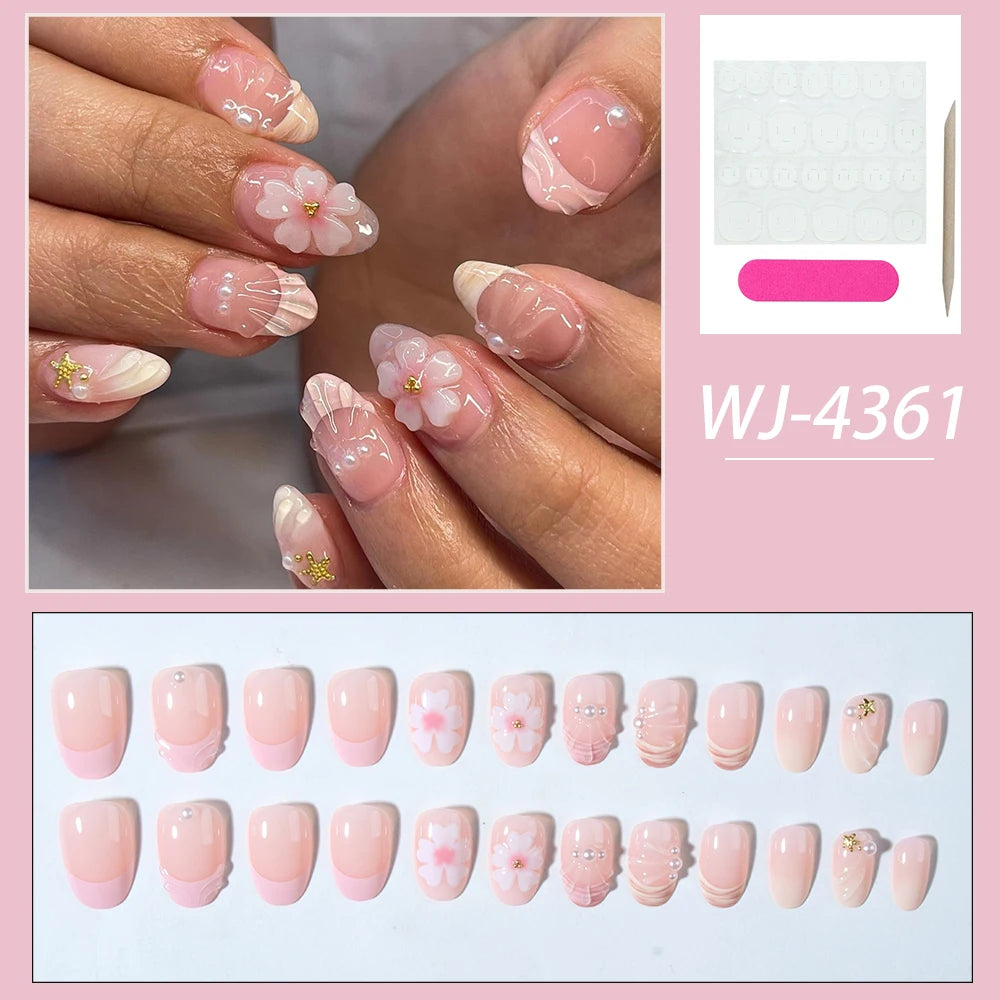 24-Piece 3D Pearl Flower Press-On Nails