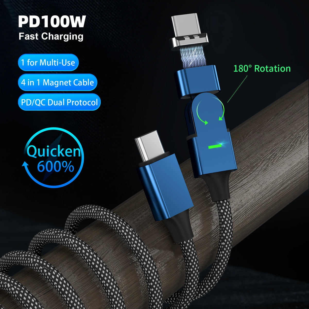 🔄 100W 180° Magnetic Charging Cable