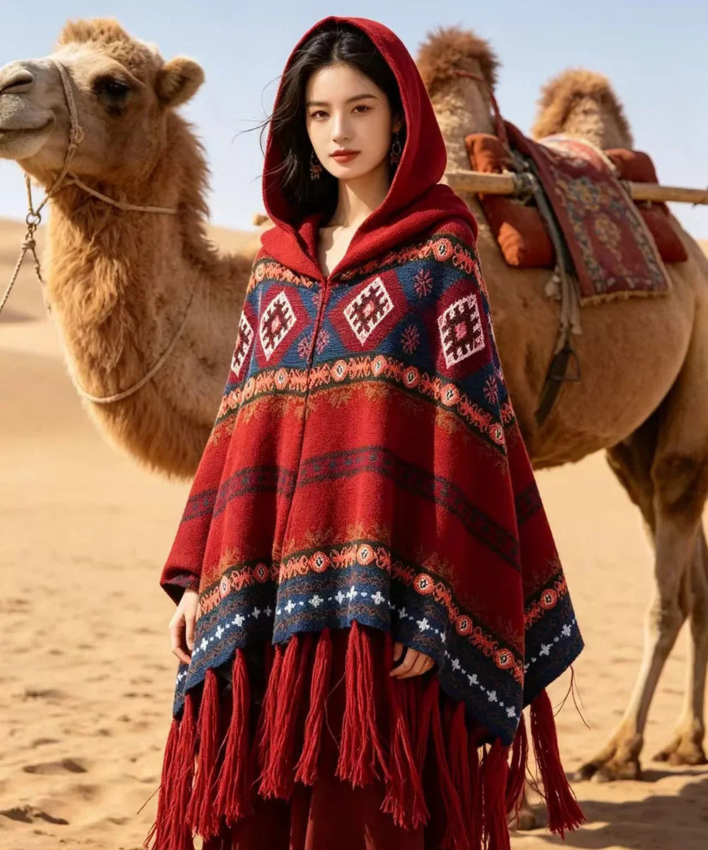 Embroidered Tassel Knit Shawl Cape
