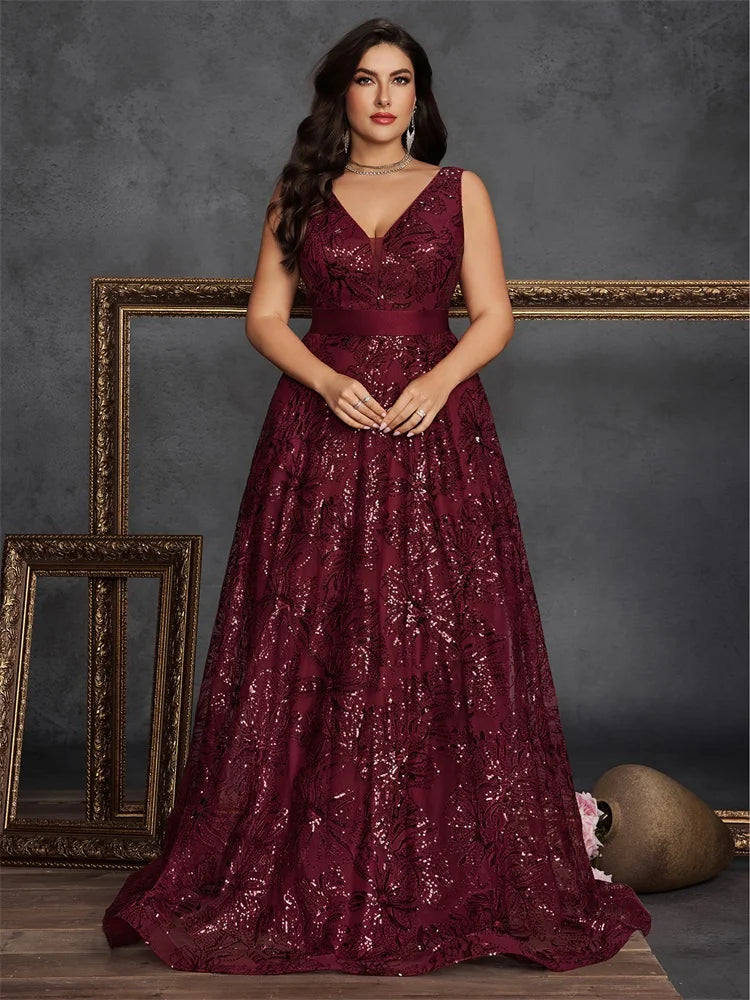 Deep V-Neck Sequin Gown (Plus Size)