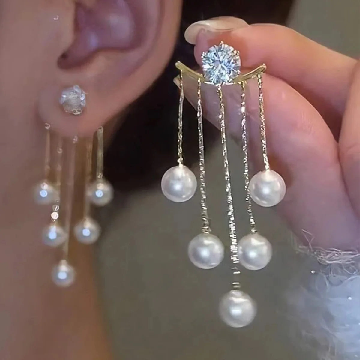 Zircon Pearl Tassel Earrings