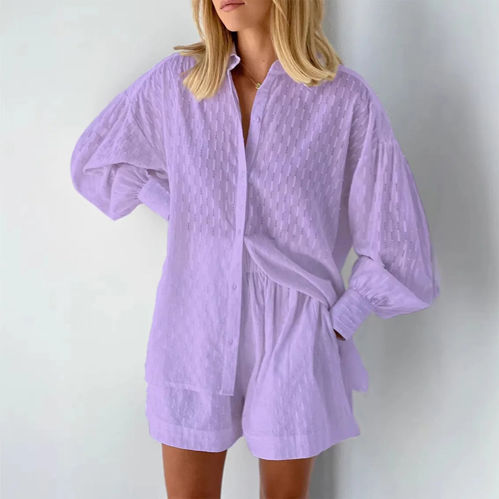 Jacquard Puff Sleeve Top & Shorts Set