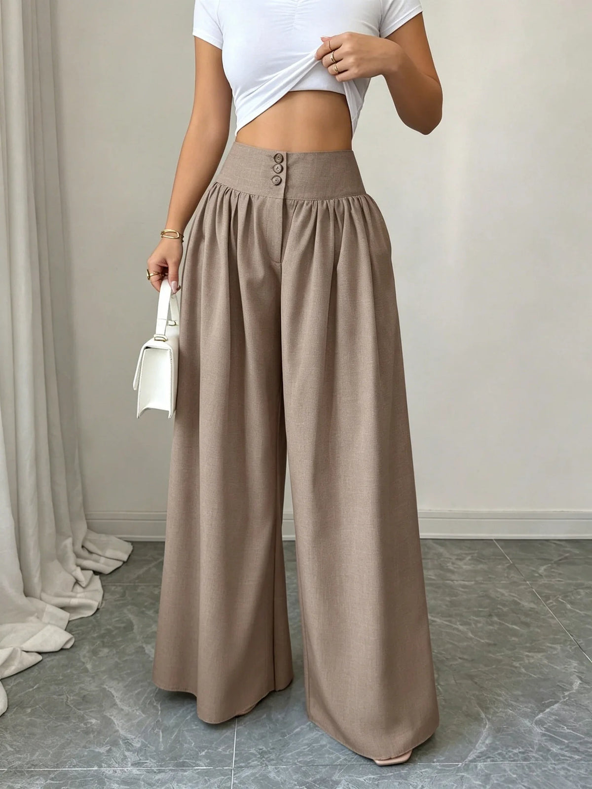 3-Button High Waist Wide-Leg Pants