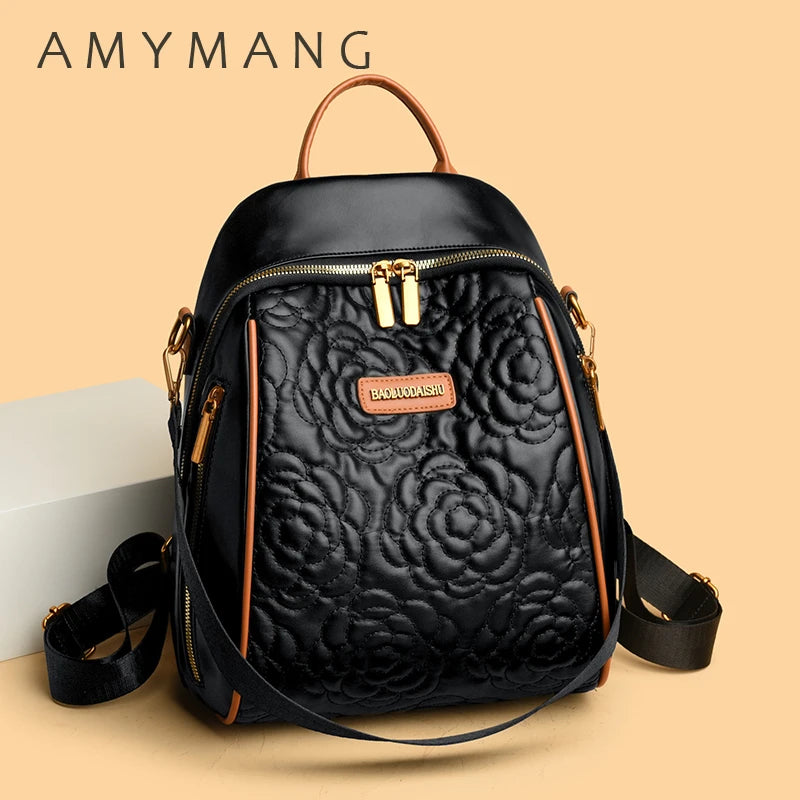 Embossed Rose Leather Backpack